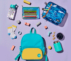 GIF of toys, socks, pencil case, water bottle, snack container and lunch box inside the Ten Little Recycled Backpack 12 Inch - Teal & Yellow. Available at www.tenlittle.com