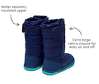 Water resistant insulated upper - extra large velcro closure for easy on and off - Ten Little Snow Boots in Navy and Teal. Available at www.tenlittle.com