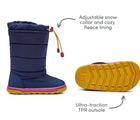 Adjustable snow collar and cozy fleece lining - ultra-traction TPR outsole - Ten Little Snow Boots in Navy and Pink. Available at www.tenlittle.com