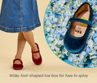 Split view close up of wide foot-shaped toe box and child wearing Ten Little Velvet Ballet Flats - Burgundy Red and Sapphire Blue. Available from www.tenlittle.com