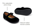 Thin adjustable velcro strap and natural rubber traction outsole of Ten Little Velvet Ballet Flats - Classic Black. Available from www.tenlittle.com
