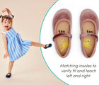 Split view close up of matching insoles and child dancing in Ten Little Velvet Ballet Flats - Sapphire Blue and Dusty Rose. Available from www.tenlittle.com