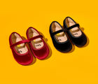 Side by side of Ten Little Velvet Ballet Flats - Burgundy Red and Classic Black. Available at www.tenlittle.com