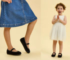 Split view of children wearing Ten Little Velvet Ballet Flats - Classic Black. Available from www.tenlittle.com