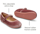 Thin adjustable velcro strap and natural rubber traction outsole of Ten Little Velvet Ballet Flats - Dusty Rose. Available from www.tenlittle.com