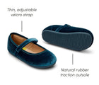 Thin adjustable velcro strap and natural rubber traction outsole of Ten Little Velvet Ballet Flats - Sapphire Blue. Available from www.tenlittle.com