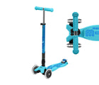 Front and top view of Micro Kickboard Maxi Deluxe Foldable LED Scooter - Bright Blue. Available at www.tenlittle.com