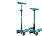 Side by side of Micro Kickboard Maxi Deluxe Foldable LED Scooter - Petrol Green. Available at www.tenlittle.com