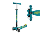 Front and top view of Micro Kickboard Maxi Deluxe Foldable LED Scooter - Petrol Green. Available at www.tenlittle.com