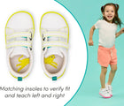 Split view of child and close up insoles of Ten Little Everyday Original - Neon Glow - Neon Yellow and Neon Pink. Available at www.tenlittle.com