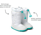 Water resistant insulated upper - extra large velcro closure for easy on and off - Ten Little Snow Boots in White and Teal. Available at www.tenlittle.com