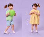 Split view of girl playing and wearing Ten Little Splash Sandals 2 - Lavender Purple. Available at www.tenlittle.com