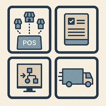 POS system, order management, inventory, delivery
