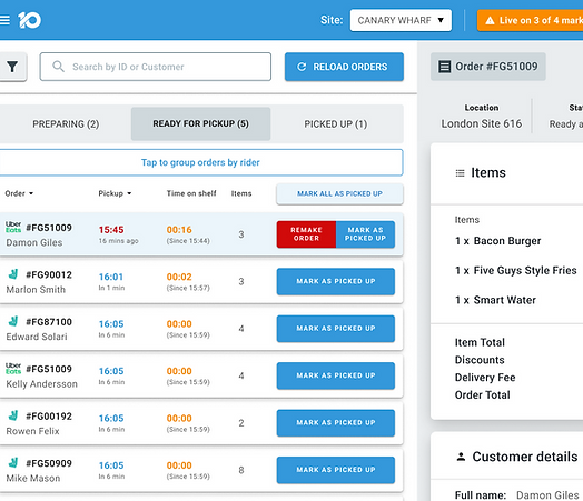LineTen Order Management dashboard displaying QSR order details including status, customer name, and fulfilment actions.