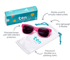 Features of Ten Little Sunglasses with dust pouch - Glitter Pink. Available at www.tenlittle.com