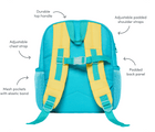 Back view and features of Ten Little Recycled Backpack 12 Inch - Teal & Yellow. Available at www.tenlittle.com