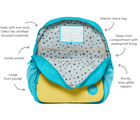 Interior and features of Ten Little Recycled Backpack 12 Inch - Teal & Yellow. Available at www.tenlittle.com