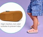 Split view of high-traction, non-skid outsole and child wearing Ten Little Everyday Sandals 2 - Soft Pink. Available at www.tenlittle.com