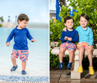Split view of boys wearing Ten Little Splash Sandals 2 - Nautical Navy and Daisy Yellow. Available at www.tenlittle.com