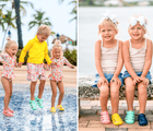 Split view of children wearing Ten Little Splash Sandals 2 - Assorted Colors. Available at www.tenlittle.com