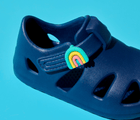 Close up of Ten Little Nautical Navy Splash Sandals with Splash Sandal Charms 2 on - Rainbow. Available at www.tenlittle.com